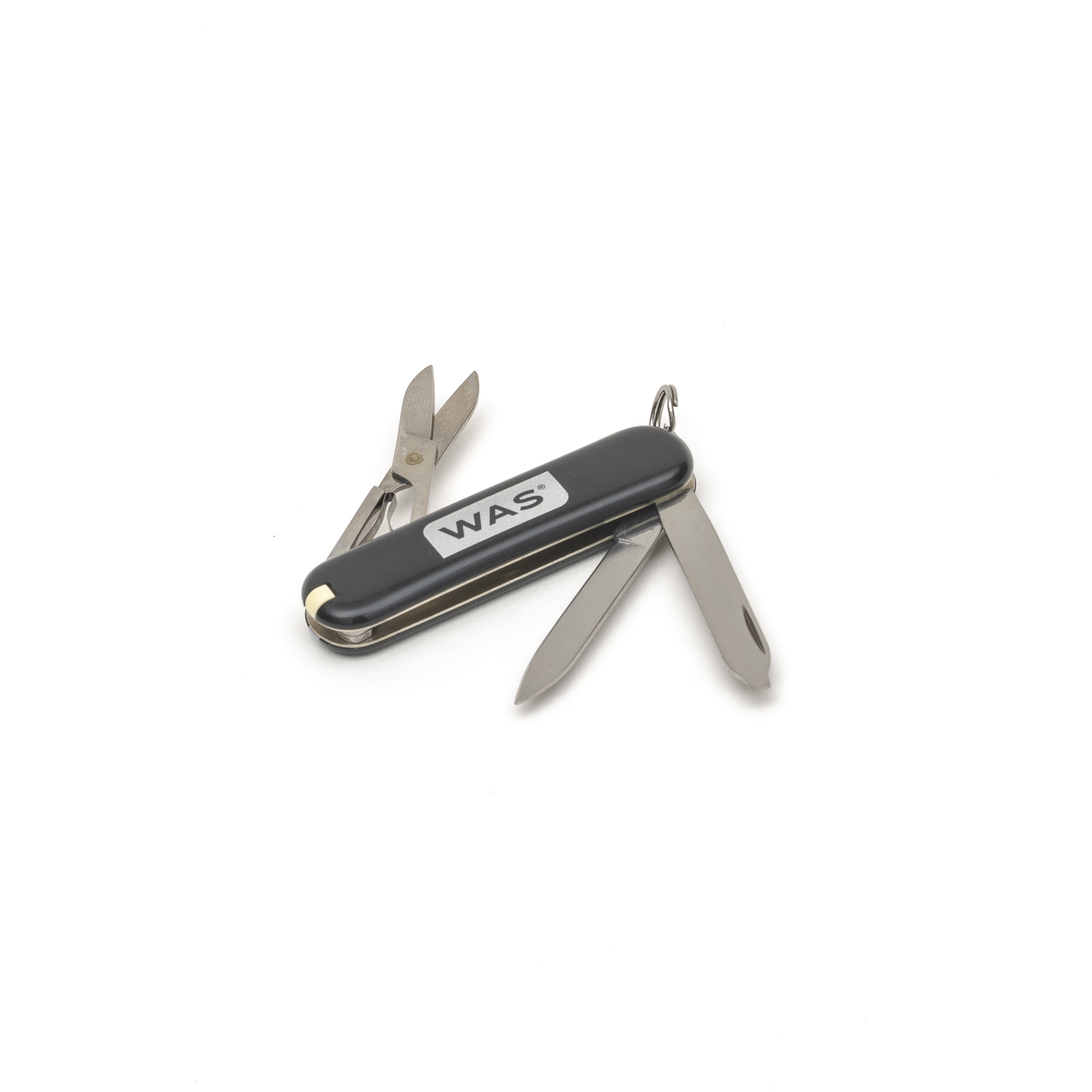 WAS VICTORINOX Classic SD (schwarz, 58 mm) – mit WAS Druck in Silber