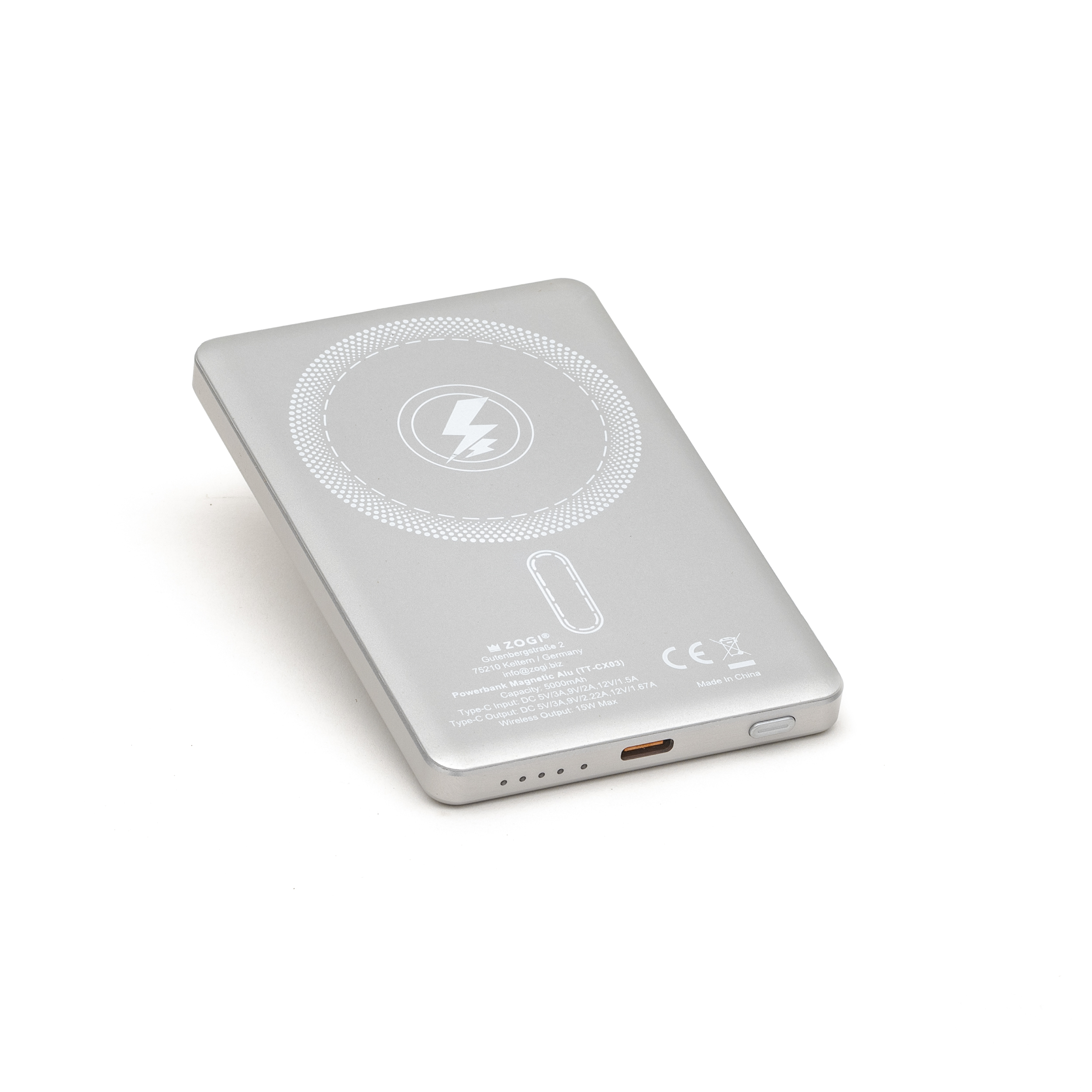 WAS Powerbank „Magnetic Alu“ (Silber) – 5.000 mAh, MagSafe 15 W, USB-C 22,5 W